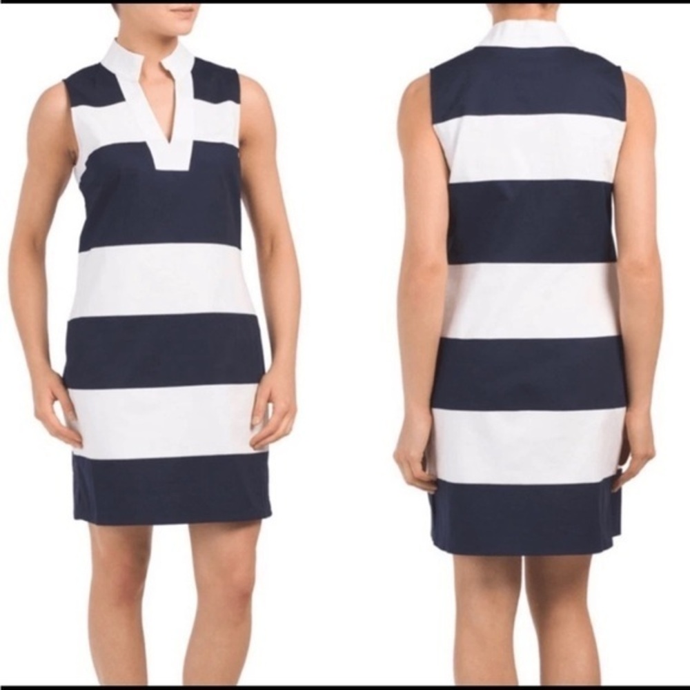 ▶️ SAIL TO SABLE ◀️ Navy & White Stripes Sheath Dress Size Medium - Picture 1 of 10